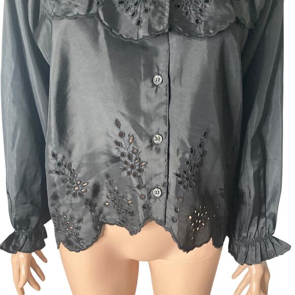 Topshop Eyelet Blouse Womens Size 4 Black Button Front - Picture 6 of 16